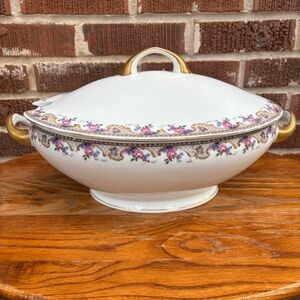 Vintage VICTORIA Czecho-slovakia Floral Gold China Serving Bowl with lid Big